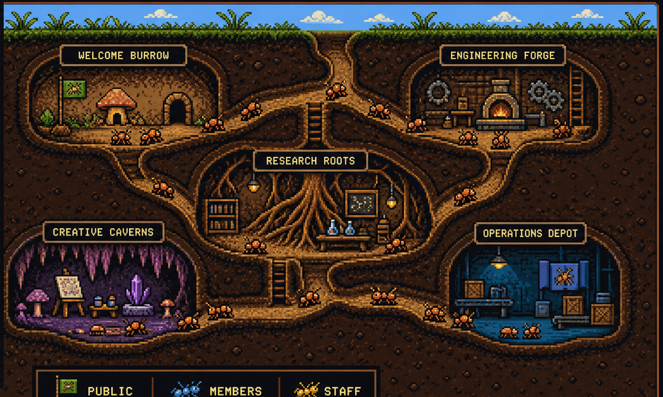 A richly detailed pixel-art ant colony with welcome, engineering, research, creative, and operations chambers