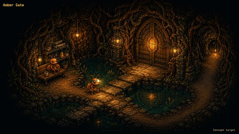 A small orange scout waits with another ant beside a warmly lit amber root gate, surrounded by dark stone and a reflective channel.