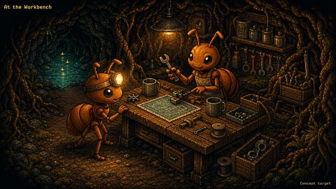Close-up pixel art of a friendly orange worker ant and headlamp scout collaborating at a worn wooden workbench under amber light.