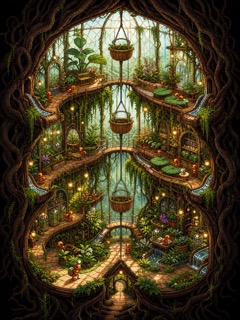 Tall pixel-art conservatory with jade vines, wooden garden balconies, a glass canopy and small orange ants.