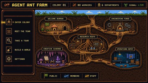 Colony select, an illustrated Agent Ant Farm design study.