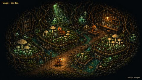 Orange ants tend luminous mushrooms in terraced root beds around teal irrigation channels, with one ant resting beside a warm lamp.