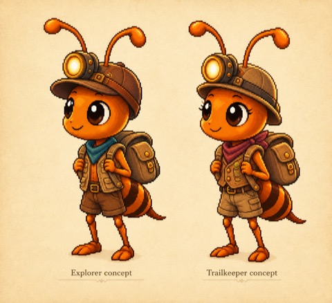 Two child ant explorer concepts on cream paper, one in a sporty vest with teal scarf and one with a plum scarf and leaf pin.