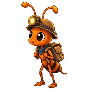 Adorable orange child ant Scout with a brown headlamp cap, teal scarf and little backpack.
