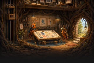 Orange Marketing Lead and headlamp scout meet at a wooden table covered with campaign papers in a warmly lit root studio.