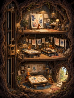 Portrait pixel-art print studio in tree roots, with three wooden floors, orange ants, colorful paper studies and a rope elevator.