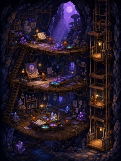 Tall pixel-art atelier with suspended wooden terraces, pigment bowls, violet moonlight and an illuminated rope elevator.