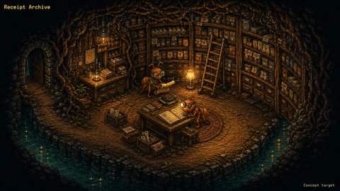 An orange archivist ant works among curved shelves of scrolls and drawers while a scout approaches a softly lit reading table beside dark teal water.
