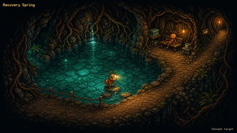 Orange ants rest at a luminous teal spring under wet roots and stone, with amber lamps marking a dry walkway and small ripples around stepping stones.