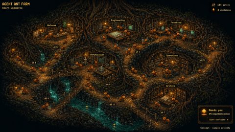 The repository becomes a place, an illustrated Agent Ant Farm design study.