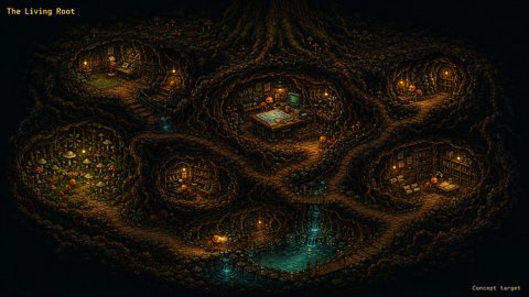 Cutaway pixel-art ant colony under a living tree with connected warmly lit workrooms, fungal garden, archive, amber gate and a cool recovery spring.