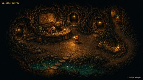 Orange ant host greets a headlamp scout at a carved root reception desk with warm lamps and a small teal stream.