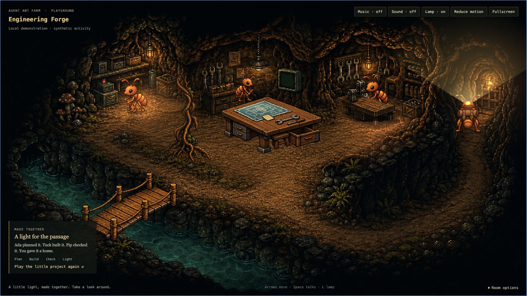 Warm workbenches and a glowing stream in the underground Forge